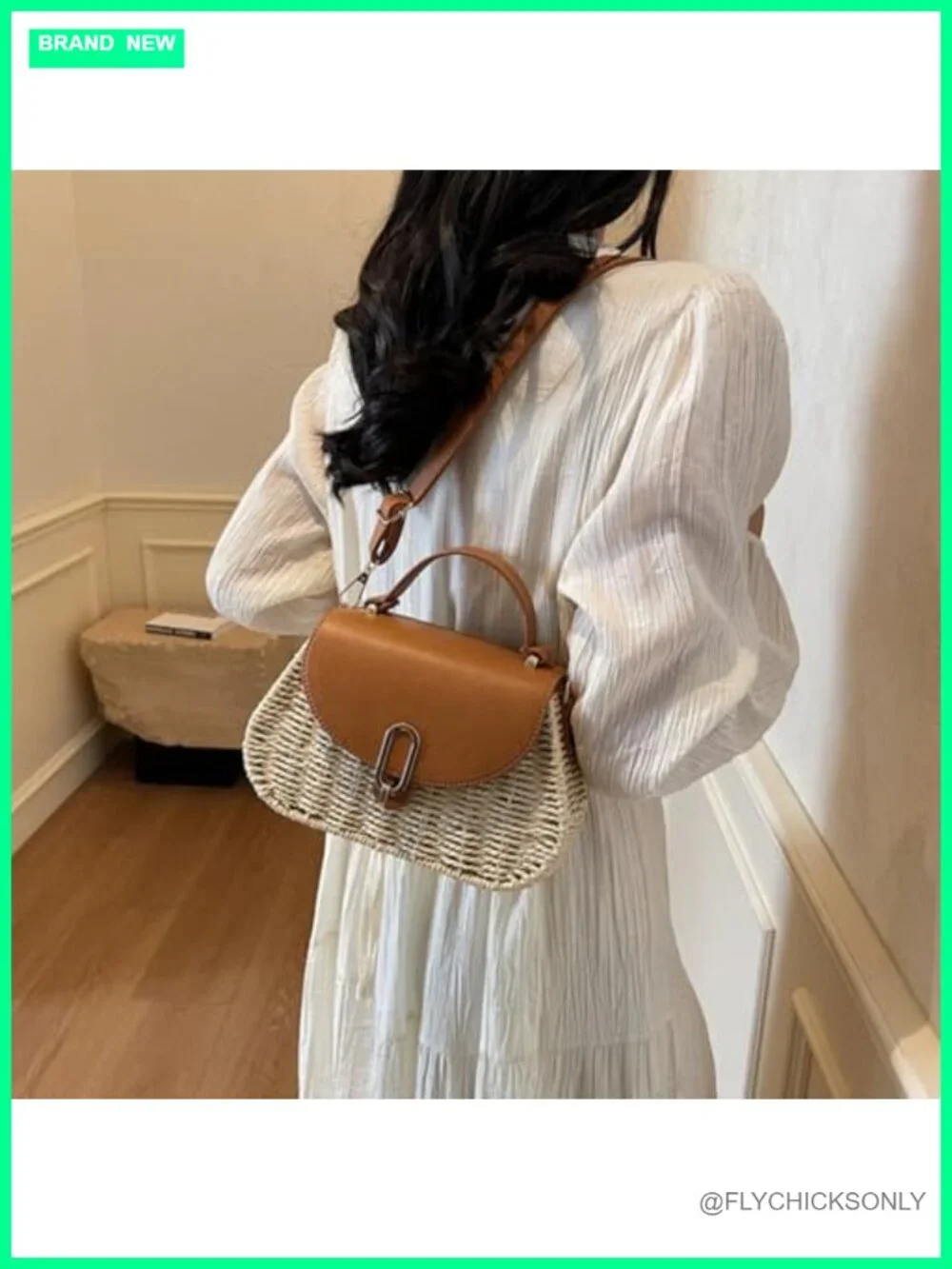 Small Natural Straw Woven Satchel Crossbody with Flap and Gold Buckle